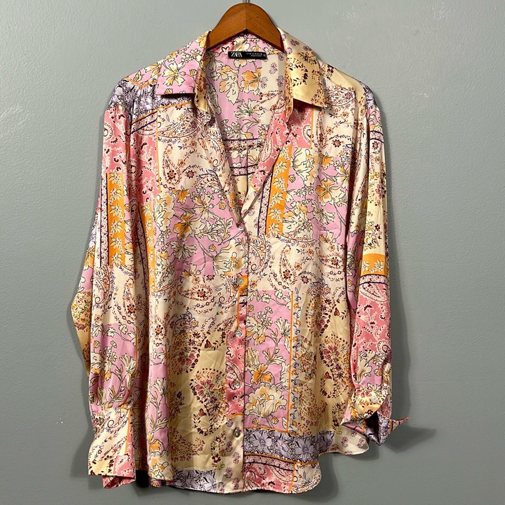 Zara Pink Yellow Floral Patchwork Button-Down Shirt